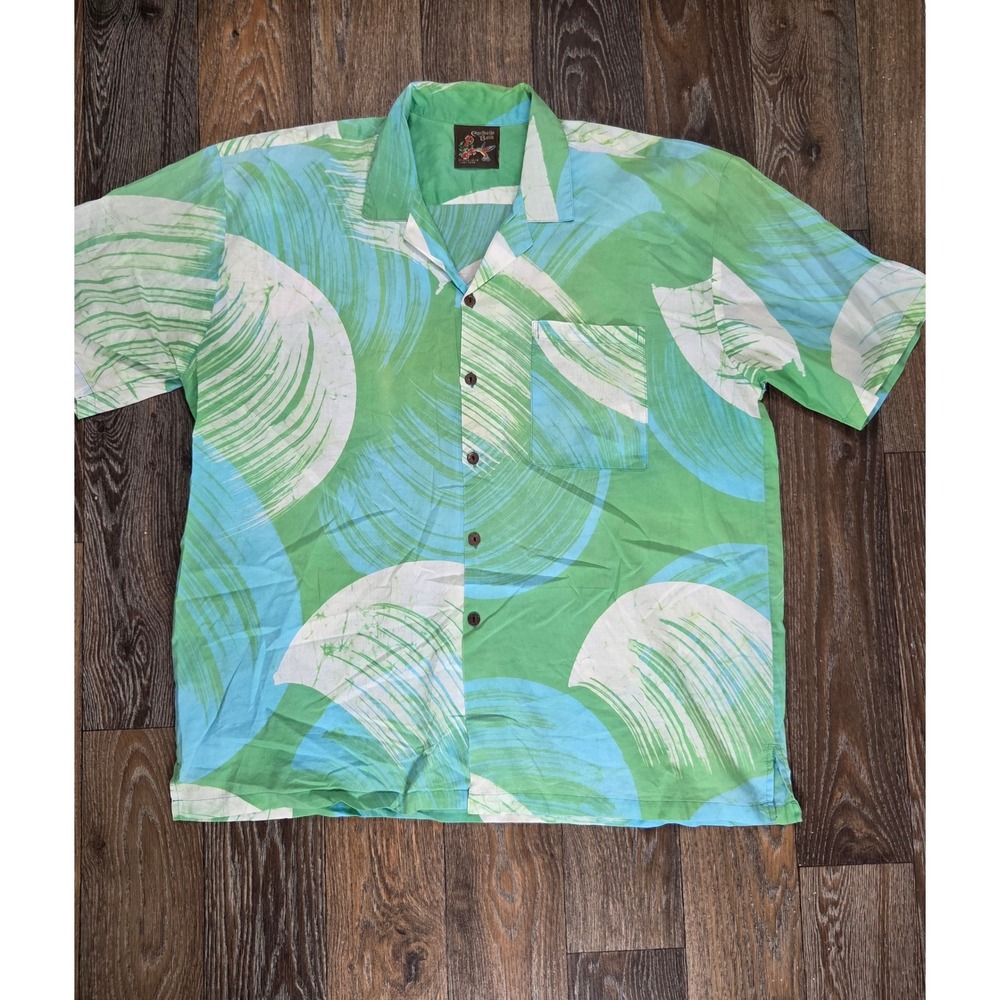 Caribelle Batik Mens Large Green Blue Abstract Swirl Cotton Camp Shirt St Kitts